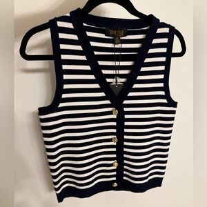 Truth by Republic White Navy Striped Viscose Knit Vest Gold Buttons NWT 21"